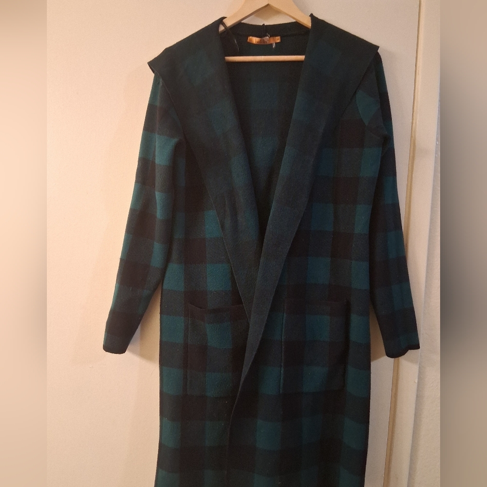 Mario Bellini Teal and Black Plaid Long Hooded Coat